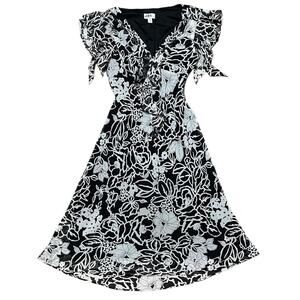 VTG Y2K JBS Black & White Floral Chiffon Fairycore Flutter Sleeve Midi Dress 6/S